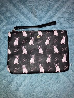 Betsey Johnson Black Wristlet Clutch with Pink Puppy Boston Terrier Print